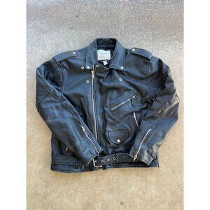 Vintage Vanguard Mens Black Leather Motorcycle Jacket W/ Belted Waist & Embroide